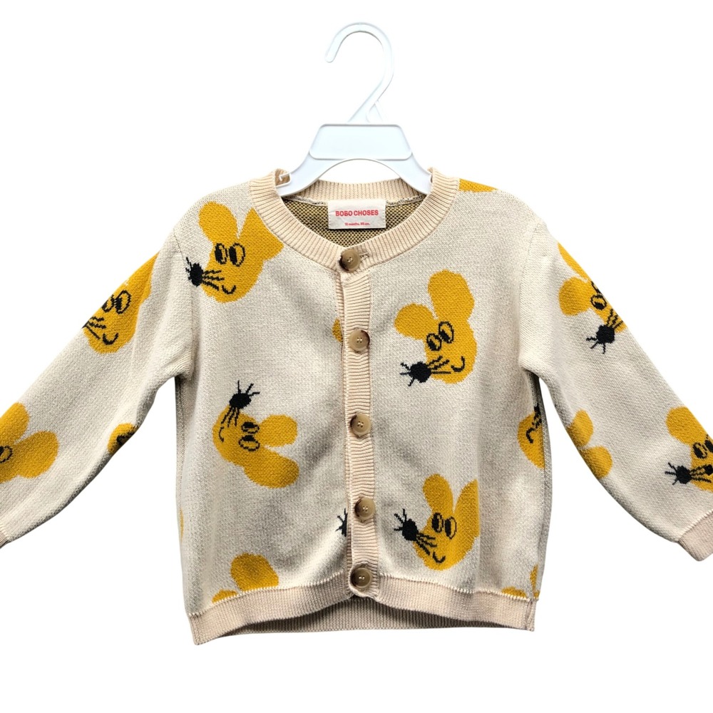 Bobo Choses Mouse Knit Cardigan Baby 18M Cream Yellow Button Front Sweater